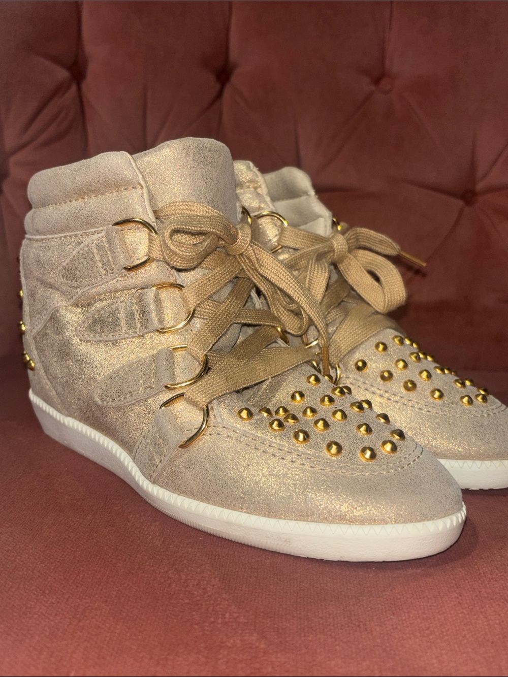 Schutz wedge sneakers metallic gold studded lace up high tops y2k sporty shoes 5